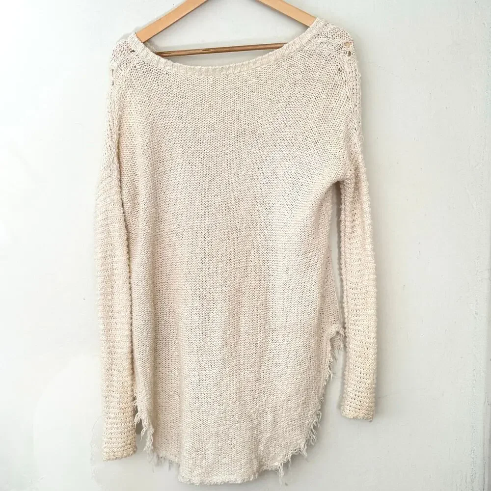 Free People Open Knit Cream Sweater‎ Size XS Boho High Low Lightweight Festival